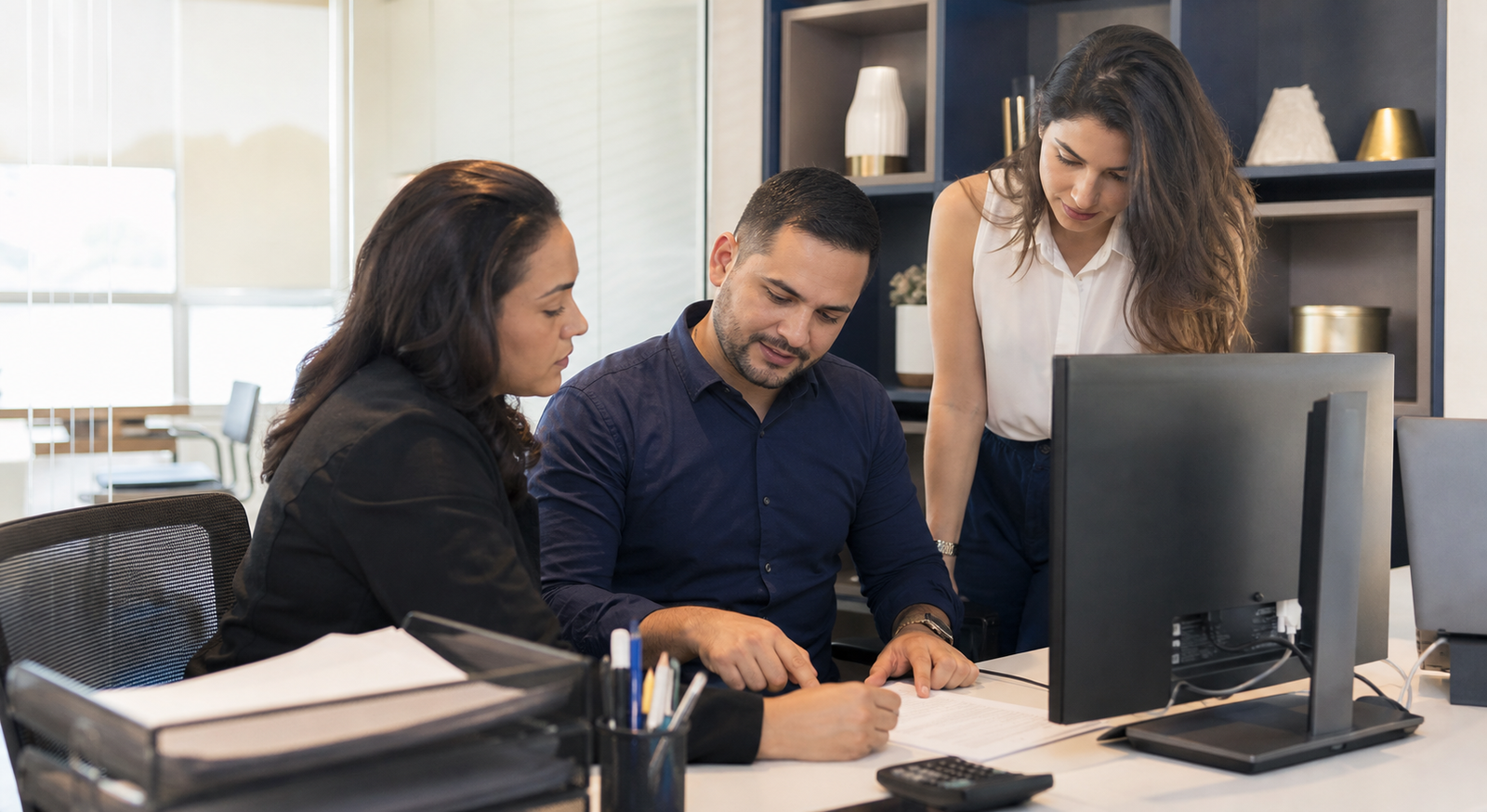 Equipe contábil colaborando em um escritório moderno